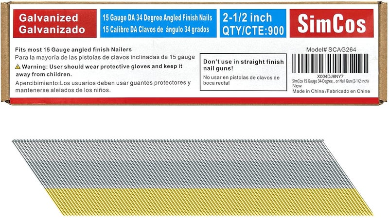 SimCos 15 Gauge 34-Degree DA Series Angled Finish Nails, Galvanized Assorted Size Project Pack for Pneumatic, Electric Angled Finish Nailer or Nail Gun (2-1/2"-900 pcs) - Image 1